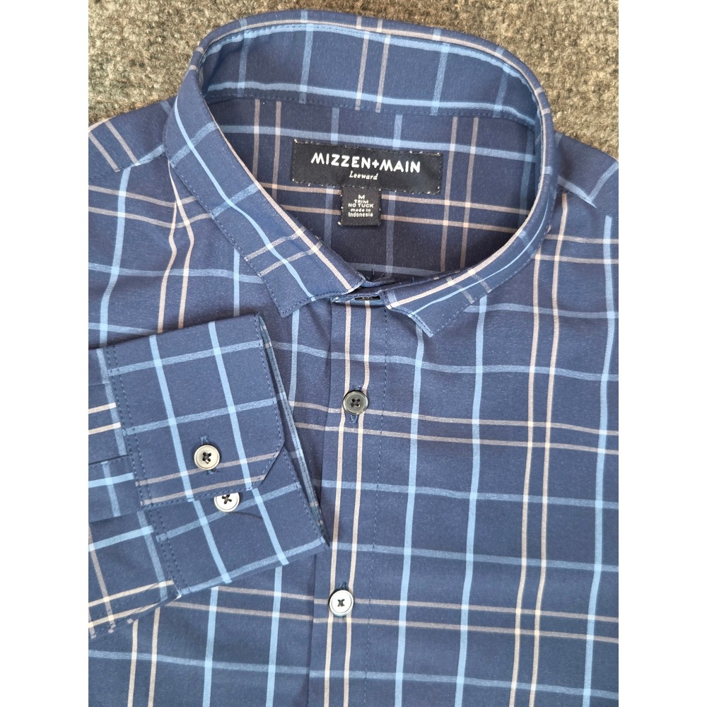 Mizzen + Main Leeward Dress Shirt Mens Medium Trim No Tuck Blue Grid Check LS